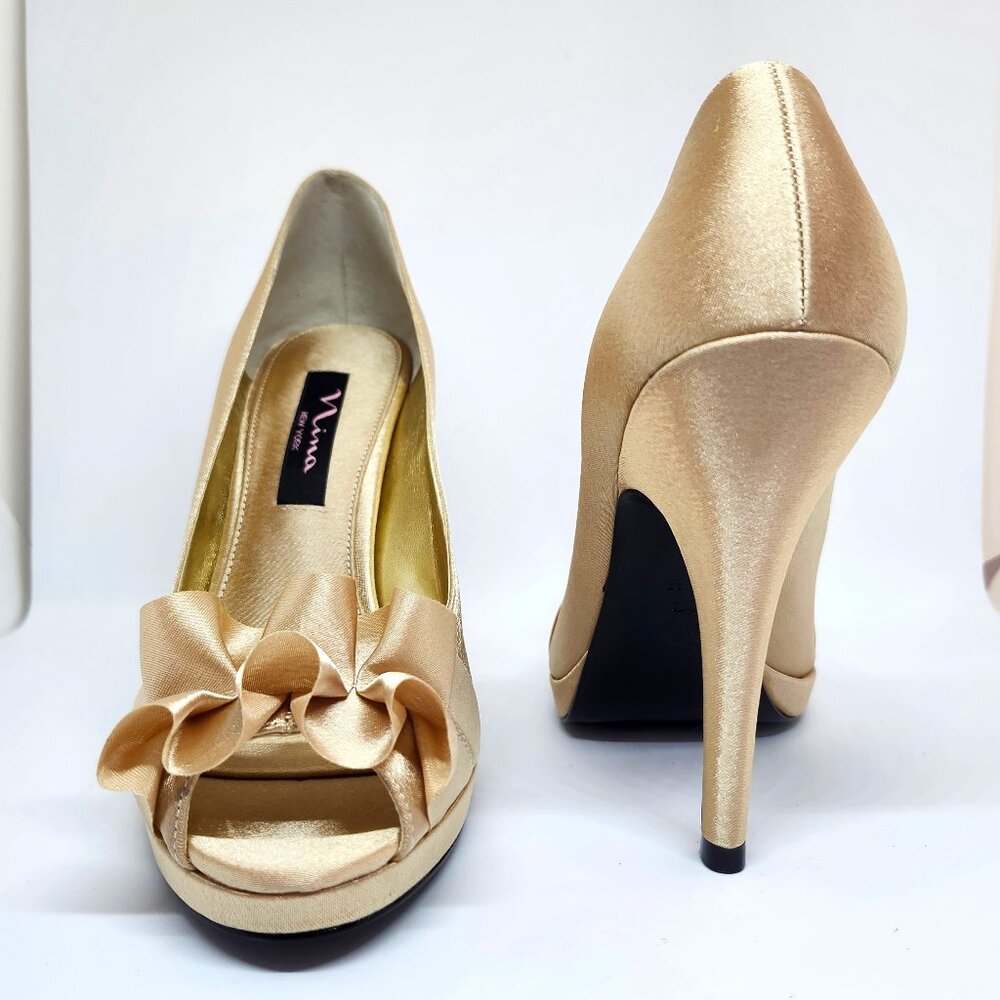 Nina Women's Gold Peep Toe High-Heel W/Pleated Ribbon Size 7.5, 9 & 10
